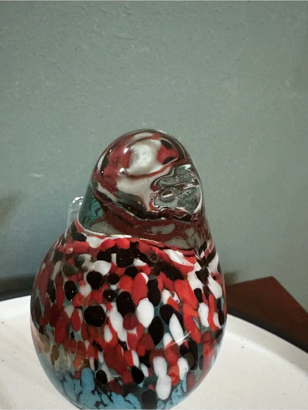 Handblown Multicolor Glass Bird Figurine with black metal legs, 7” tall